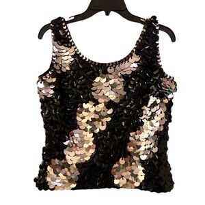 Vintage Sequin Tank Top Unbranded Black Silver Back Zipper 100% Wool WM SZ S 💖